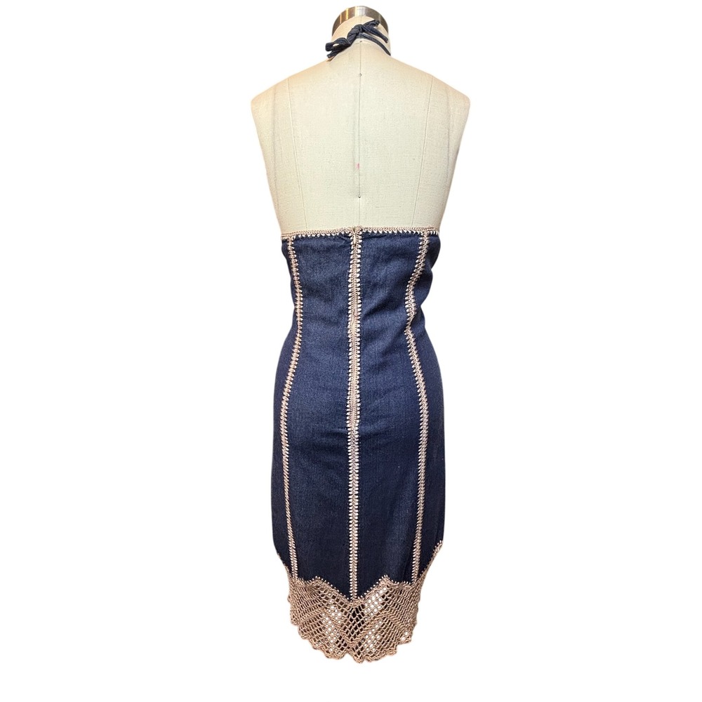 Boho Crochet Ashley Stewart Denim Halter Dress Midi Blue Vintage - Picture 7 of 12